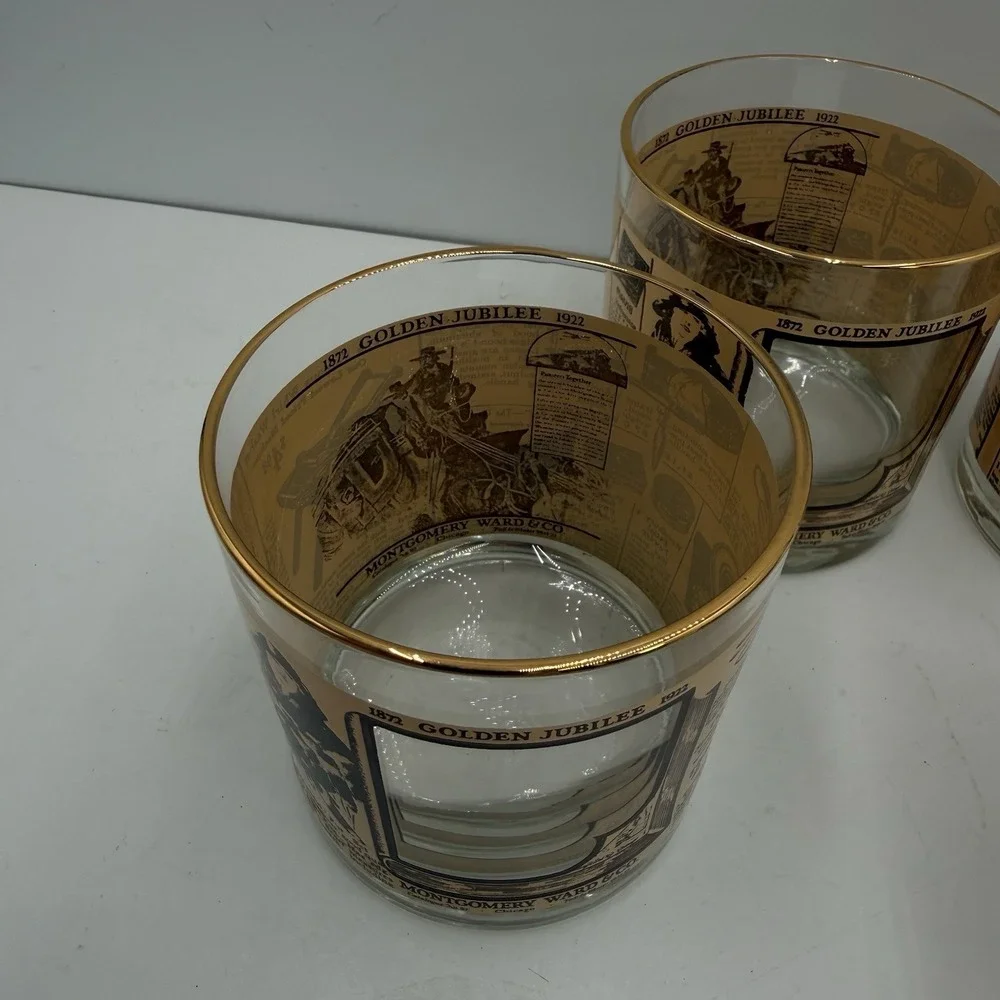 4-Vintage 1972 Montgomery Ward Golden Jubilee‎ Whiskey Rocks Glasses Gold Rim